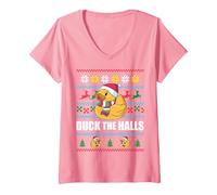 Femme Duck The Halls Pull de Noël Moche Père Noël Humoristique Meme T-Shirt avec Col en V, Rose, S