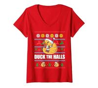 Femme Duck The Halls Pull de Noël Moche Père Noël Humoristique Meme T-Shirt avec Col en V, Rouge, L