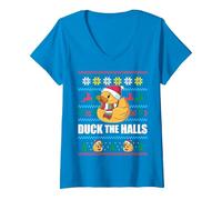 Femme Duck The Halls Pull de Noël Moche Père Noël Humoristique Meme T-Shirt avec Col en V, Saphir, S
