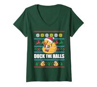 Femme Duck The Halls Pull de Noël Moche Père Noël Humoristique Meme T-Shirt avec Col en V, Vert Forêt, XXL