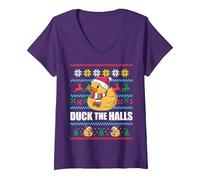 Femme Duck The Halls Pull de Noël Moche Père Noël Humoristique Meme T-Shirt avec Col en V, Violet, S