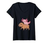 Femme Duo d'animaux stupides Capybara chevauchant Un Axolotl drôle T-Shirt avec Col en V