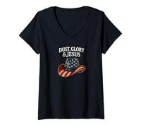 Femme Dust Glory and Jesus Western Chapeau de Cowboy Croix Drapeau américain T-Shirt avec Col en V