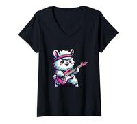 Femme E-Guitare Lama avec Bandeau Rétro T-Shirt avec Col en V
