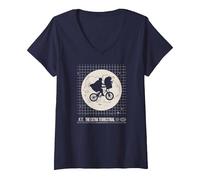 Femme E.T. The Extra-Terrestrial Moon Retro T-Shirt avec Col en V, Bleu Marine, M