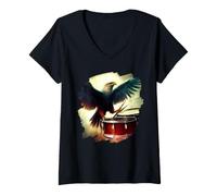 Femme Eagle Playing Drums Funny Eagle Art Batteur Musicien T-Shirt avec Col en V