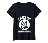 Femme Ears Up System Armé Berger Allemand Amoureux des Chiens T-Shirt avec Col en V