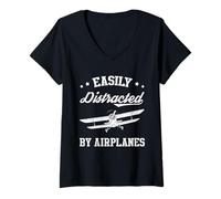 Femme Easily Distracted by Airplanes Vintage Airplane Lover T-Shirt avec Col en V