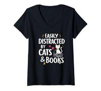 Femme Easily Distracted by Cats and Books Cute Reader T-Shirt avec Col en V