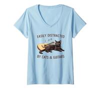 Femme Easily Distracted by Cats and Guitars Black Cat Guitarist T-Shirt avec Col en V