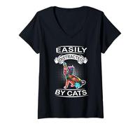Femme Easily Distracted by Cats Funny Kitten Cat Loves T-Shirt avec Col en V