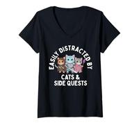 Femme Easily Distracted by Cats & Side Quests Role-Playing Fantasy T-Shirt avec Col en V