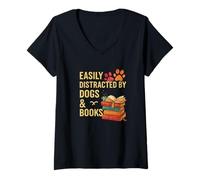 Femme Easily Distracted by Dogs and Books Retro Reader T-Shirt avec Col en V