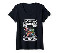 Femme Easily Distracted by Dogs Shiba Inu Funny Dog Lover T-Shirt avec Col en V