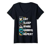 Femme Eat Sleep Anime Gaming Repeat 食べる 寝る アニメ ゲーム 繰り返す Otaku T-Shirt avec Col en V