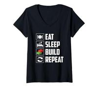 Femme Eat Sleep Build Repeat - Brick Builder Block Building T-Shirt avec Col en V