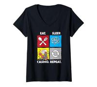 Femme Eat Sleep Casino Repeat Jeu de Hasard Jetons de Poker dés T-Shirt avec Col en V