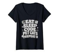 Femme Eat Sleep Code Pet Cats Repeat Funny Programmer Cat Lover T-Shirt avec Col en V