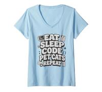 Femme Eat Sleep Code Pet Cats Repeat Funny Programmer Cat Lover T-Shirt avec Col en V