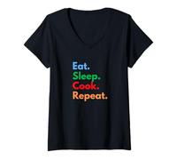 Femme Eat Sleep Cook Repeat pour Les Chefs, Les étudiants en Cuisine et Les Amoureux T-Shirt avec Col en V