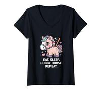 Femme Eat Sleep Hobby Horse Repeat Cute Pony Rider T-Shirt avec Col en V