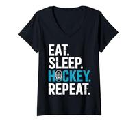 Femme Eat Sleep Hockey Repeat Bold Mask Graphic T-Shirt avec Col en V