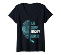 Femme Eat Sleep Hockey Repeat Gamer Kid Teen Hockey Player Gaming T-Shirt avec Col en V