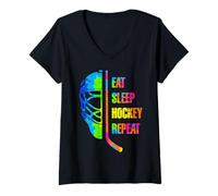 Femme Eat Sleep Hockey Repeat Graffiti-Style Teens Adults Hockey T-Shirt avec Col en V