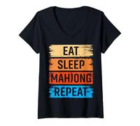 Femme Eat Sleep Mahjong Repeat Design rétro pour Les Fans de Jeux de société T-Shirt avec Col en V