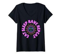 Femme Eat Sleep Rave Repeat Electric Sun Good Vibes Raving T-Shirt avec Col en V