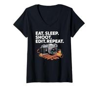 Femme Eat Sleep Shoot Modifier Répéter Citation Photographe T-Shirt avec Col en V