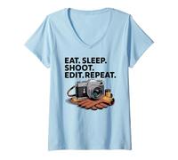 Femme Eat Sleep Shoot Modifier Répéter Citation Photographe T-Shirt avec Col en V