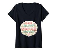 Femme Eat Sleep Soccer Repeat Femme Floral Féminin Player Girl T-Shirt avec Col en V