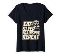 Femme Eat Sleep Trainspot Repeat Trainspotter T-Shirt avec Col en V