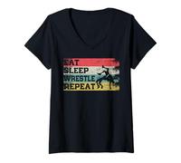 Femme Eat Sleep Wrestle, catcheur récurrent vintage et rétro T-Shirt avec Col en V