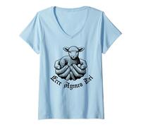 Femme ECCE Agnus Dei Lamb Sanctus Traditionnel Latin Messe Catholique T-Shirt avec Col en V
