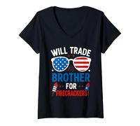 Femme Échangera des frères contre des pétards USA Patriotic Boys Girls T-Shirt avec Col en V