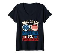 Femme Échangera des frères contre des pétards USA Patriotic Boys Girls T-Shirt avec Col en V