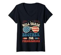 Femme Échangera des frères contre des pétards USA Patriotic Boys Girls T-Shirt avec Col en V
