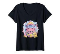 Femme Écharpe Florale d'hiver avec Motif Hippopotame Souriant T-Shirt avec Col en V