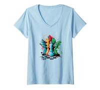 Femme Echecs Abstrait Dessin Cartoon Jeu Plateau Graphique Art T-Shirt avec Col en V
