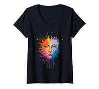 Femme Éclaboussures colorées Abstrait Visage Vibrance T-Shirt avec Col en V