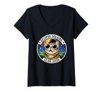 Femme Éclipse Solaire 2026 Chat Astronomie Humour Lunettes T-Shirt avec Col en V