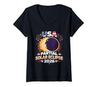 Femme Éclipse Solaire partielle aux États-Unis 2026 T-Shirt avec Col en V