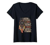 Femme Écouter Le Vent Silence Cœur Positif Sagesse Naturelle T-Shirt avec Col en V
