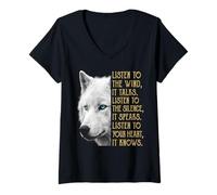 Femme Écoutez Le Vent, il Parle, écoutez Le Silence : White Wolf T-Shirt avec Col en V