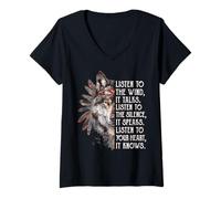 Femme Écoutez Le Vent, il Parle, écoutez Le Silence Wolf Art T-Shirt avec Col en V