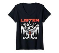 Femme Écoutez les montagnes, ressentez le silence. Écouter. T-Shirt avec Col en V