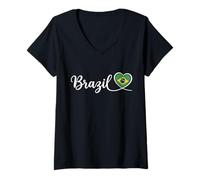 Femme Écriture Cursive du Brésil avec cœur Drapeau National T-Shirt avec Col en V