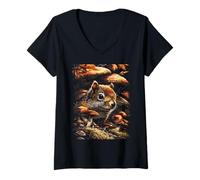 Femme Écureuil avec Feuilles d'automne Champignons Automne T-Shirt avec Col en V